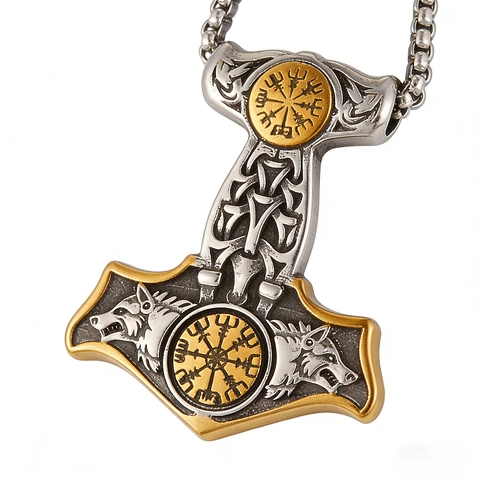 Collana Pendente Martello Di Thor Bicolore Acciaio Inossidabile Testa Di Lupo Vichingo Bussola Vegvisir Mitologia Nordica