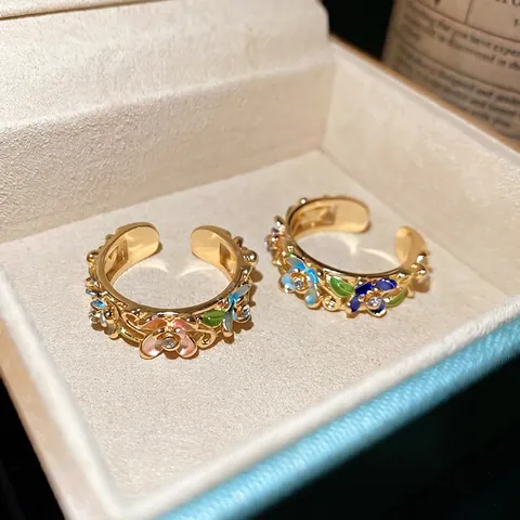 Anello Aperto Fiore Rame Placcato Oro Smalto Colorato Zircone Gioielli Regolabili Per Donne Vintage Elegante