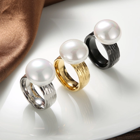 Anello Con Perla Artificial In Acciaio Inossidabile Martellato Per Donna Minimalista Fascia Larga Acciaio Al Titanio Gioielli Eleganti