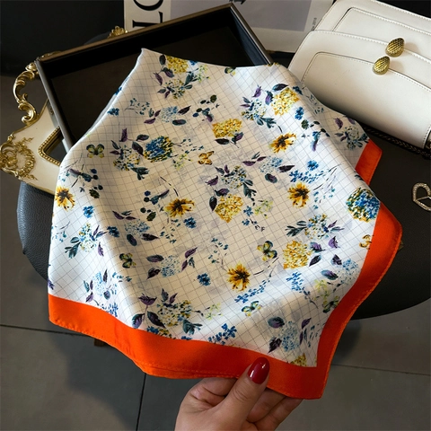 Women Elegant Floral Print Square Scarf Satin-Like Satin Neck Scarf Grid Pattern Butterfly Headscarf Hair Band Accessory