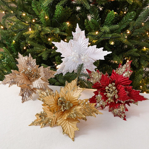 Artificial Christmas Poinsettia Flowers Glitter Sequin Fabric Floral Ornaments For Christmas Tree DIY Party Decor