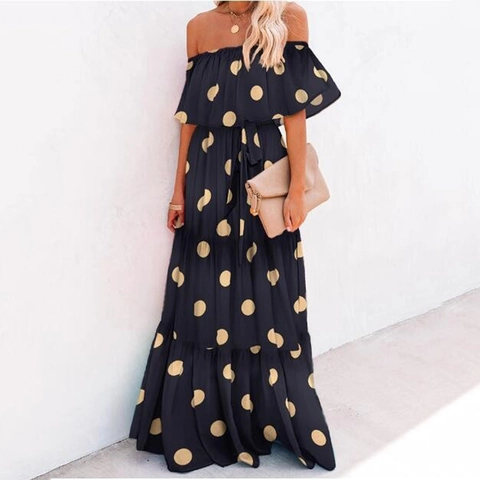 Off-Shoulder-Maxikleid Polyester Rüschen Blumendruck Gestuft Lagenlook Sommer Bohemian Damen