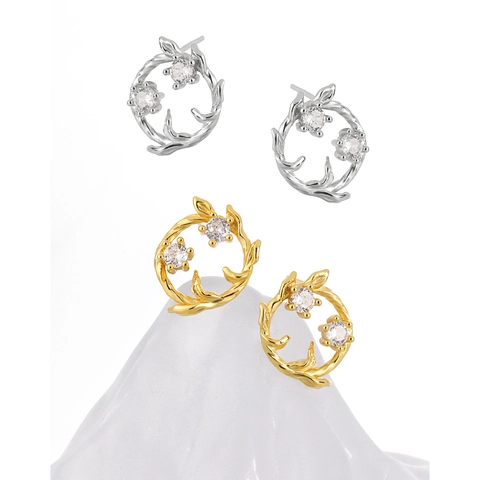 925 Sterling Silver Zirconia Flower Wreath Stud Earrings For Women Tiny Twining Vine Leaf Circle Earrings Botanical Jewelry