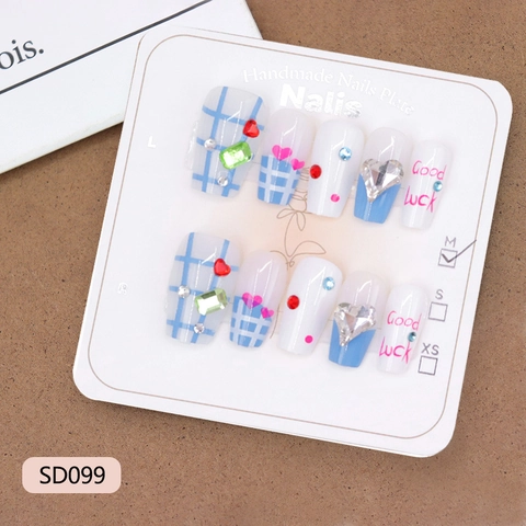 Faux Ongles À Presser Faits Main Motif À Carreaux Bleu Style Français Coeur Strass Doux Pour Femmes
