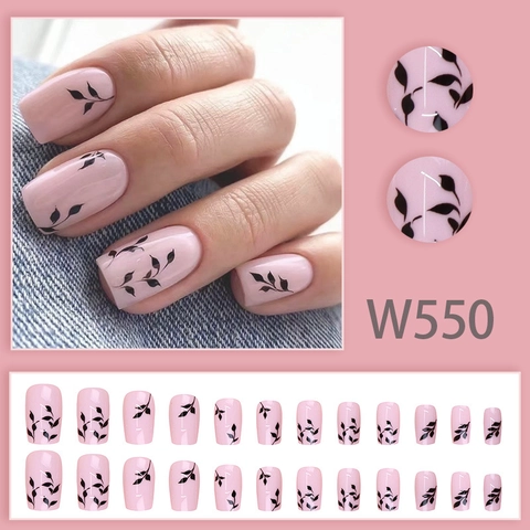 Pink Press On Nails Black Leaf Pattern Glossy Short Square Round Fake Nails Chic Simple Manicure For Women With Glue