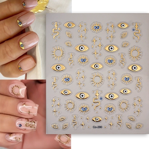 5D Reliëf Nagelkunst Stickers Metaalachtig Goud Zilver Boze Oog Slang Ster Maan Boheems Zelfklevend Waterdicht DIY Decoratie