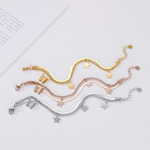 Double Layer Stainless Steel Bracelet With Butterfly And Star Pendants Snake Bone Link Chain For Women Minimalist Jewelry