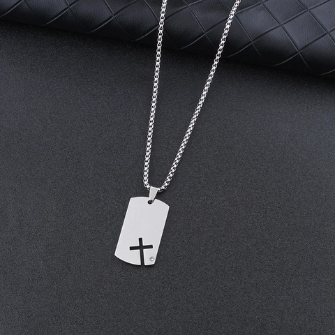 Hollow Cross Pendant Necklace Stainless Steel Dog Tag With Rhinestone Personalized Hip Hop Jewelry For Men Women