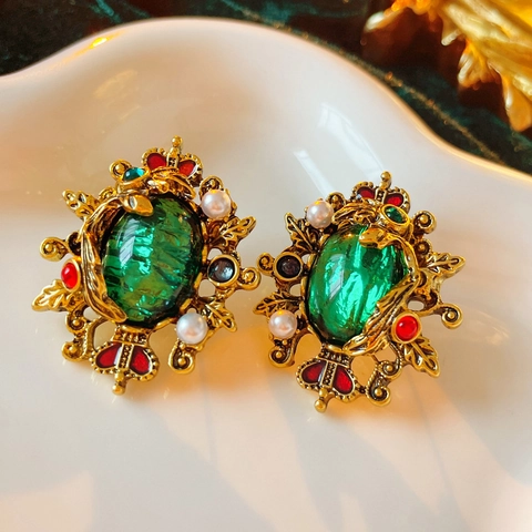 Vintage Baroque French Court Emerald Stud Earrings Alloy Faux Artificial Pearl With 925 Sterling Silver Earring Post Elegant Women