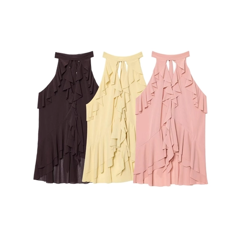 Women Halter Neck Sleeveless Top Chiffon Multi Layer Ruffle Tiered Tie Back Solid Color Summer Elegant Blouse