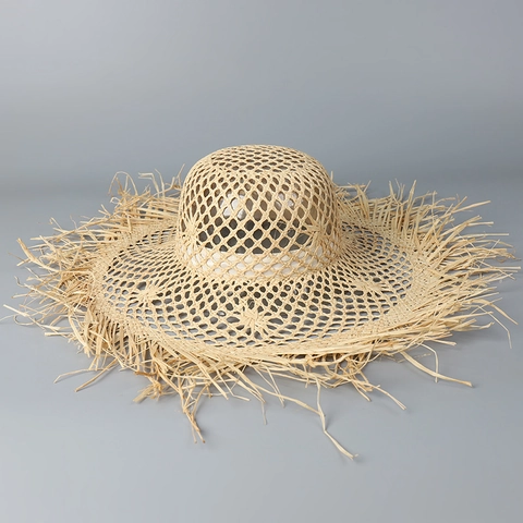 Women Wide Brim Raffia Straw Hat Hollow Out Woven Sun Protection Fringed Edge Bohemian Beach Vacation Foldable