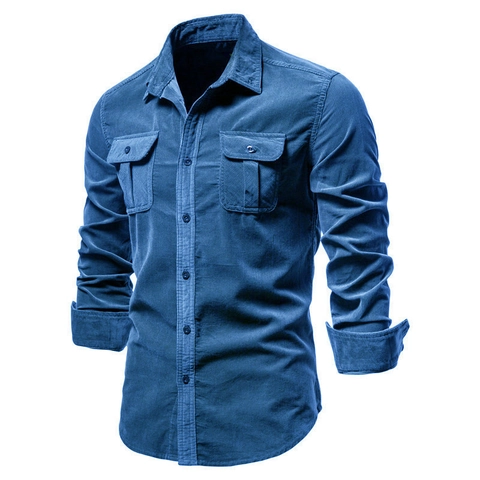 Chemise en Velours Côtelé Rétro pour Hommes Manches Longues Coton Coupe Slim Style Workwear Couleur Unie Double Poches Veste Décontractée