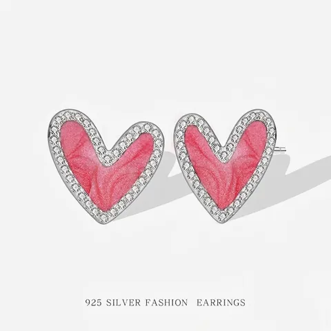 Elegant 925 Sterling Silver Heart Stud Earrings For Women Light Luxury Enamel Rhinestone Heart Drip Glaze Earrings Sweet Jewelry Gift