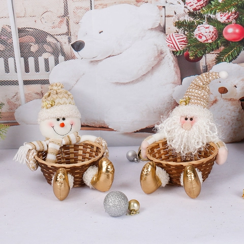 Panier À Bonbons De Noël Père Noël Bonhomme De Neige Peluche Bambou Osier Rangement Décoration De Bureau Cadeau