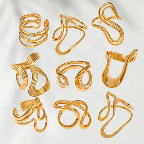 Stainless Steel Irregular Wave Rings 18K Gold Plated Hollow Line Wrap Adjustable Zirconia Jewelry For Women