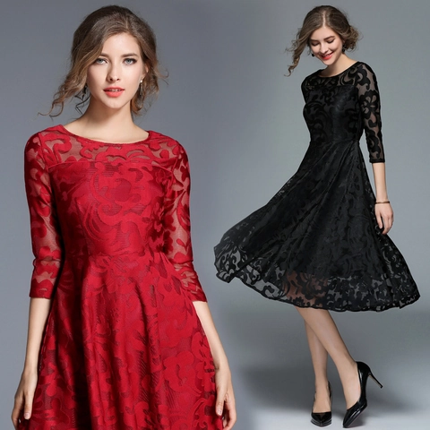 Elegant Lace Midi Dress Round Neck Slim Fit A-Line Swing For Party Evening Wedding Guest Solid Color Women