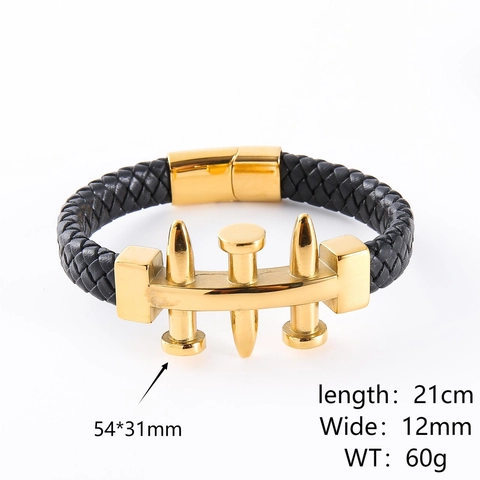 Bracciale Da Uomo In Pelle Intrecciata Con Chiodo In Acciaio Inossidabile 304 Punk Industriale Chiusura Magnetica