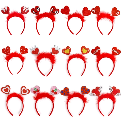 Valentine Day Heart Headband Red Feather Glitter Love Head Hoop For Party Photo Props Women Hair Accessories Festive Headwear