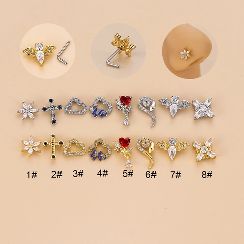 Piercing Naso in Acciaio Inossidabile Strass Fiore Croce Serpente Pipistrello Perno a L Gioielli per Unisex