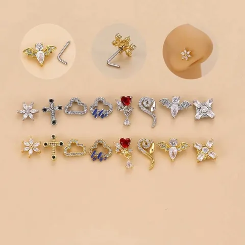 Stainless Steel Nose Stud Rhinestone Flower Cross Snake Bat L-Shaped Nose Piercing Jewelry For Unisex