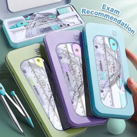 7 Piece Math Geometry Tool Set With Compass Ruler Protractor Eraser Metal Tin Box Student Stationery Drawing Kit For School Students Reward Gift