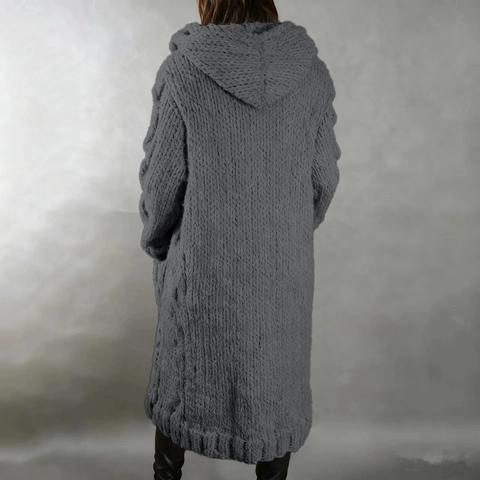 Women Hooded Cardigan Sweater Chunky Cable Knit Long Coat With Buttons Pockets Plus Size Casual Outerwear