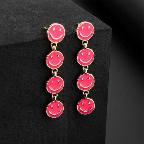 Trendy Copper Enamel Smiley Face Long Drop Earrings Gold Plated Fashion Multi Tier Hanging Jewelry For Women