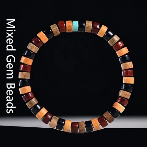 Farbiges Holzperlen Armband Tablettenform Zylindrisch Multi Material Ethno Zen Stil Elastisches Seil Handschmuck