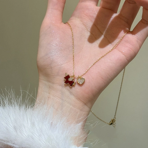 Halskette Kupfer Echtgold Vergoldet Damen Rot Emaille Pony Herz Doppelanhänger Zirkon Elegant Schlüsselbein Kette Schmuck