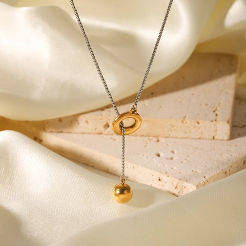 Minimalist Stainless Steel Y Shaped Lariat Necklace Geometric Gold Silver Two Tone Circle Ball Pendant Jewelry For Women