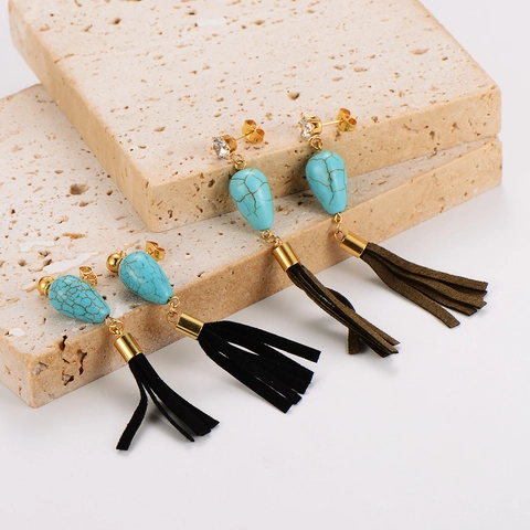 Vintage Boho 304 Stainless Steel 18K Gold Plated Faux Turquoise Water Drop Necklace And Earrings Jewelry Set Fringe