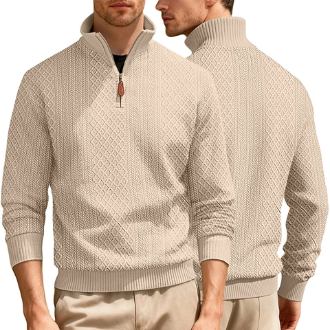 Men Quarter Zip Sweatshirt Jacquard Textured Fleece Lined Stand Collar Long Sleeve Casual Solid Color