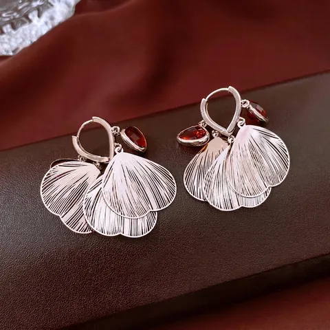 Boucles D'oreilles Pendantes Pétales Superposés En Forme D'éventail Cuivre Verre Rouge Pierre Goutte Bijoux Femmes