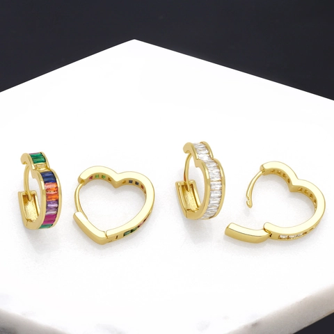 Heart Hoop Earrings Copper 18K Gold Plated Baguette Cubic Zirconia Rainbow Clear Heart Shaped Fashion Jewelry For Women