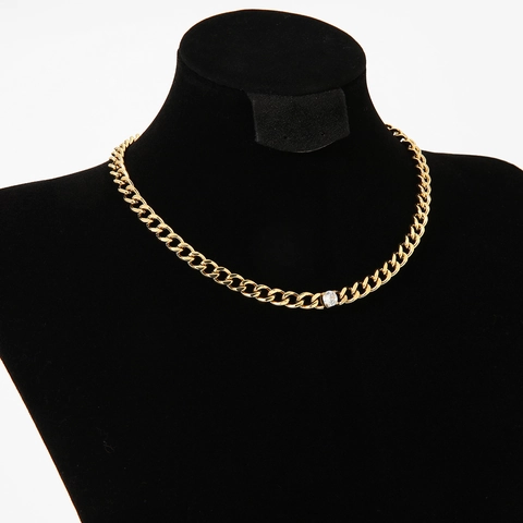 Cuban Link Necklace Stainless Steel Round Zircon Inlay Geometric Minimalist Clavicle Chain For Women Daily Wear