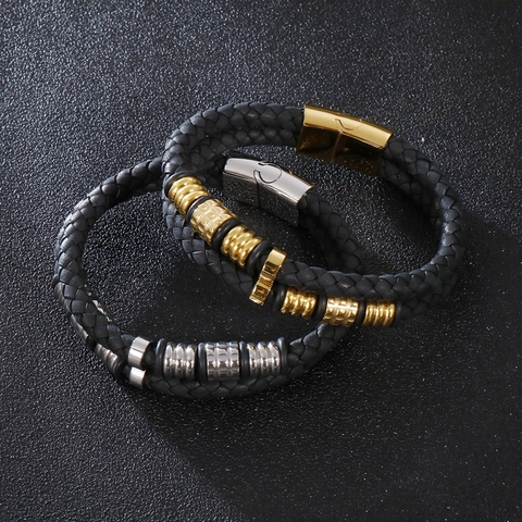 Zweilagiges Geflochtenes Lederarmband Herren Mit 316L Edelstahl Magnetverschluss Geometrischer Industriestil Schmuck
