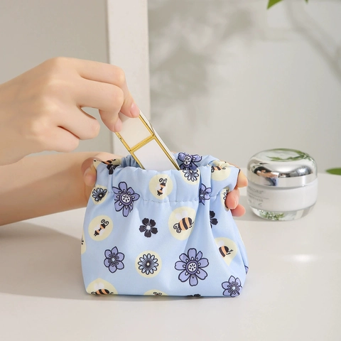 Mini Makeup Bag Portable Cosmetic Pouch Waterproof Polyester Floral Fruit Printed Travel Lipstick Coin Organizer For Women