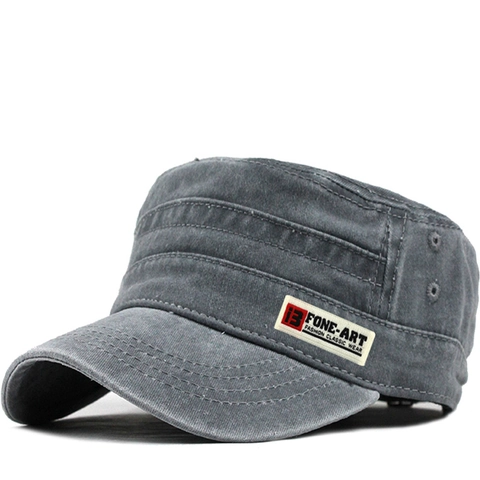 Washed Cotton Cadet Cap Military Style Flat Top Hat Adjustable Breathable Outdoor Sun Hat Patch Decor For Men Women