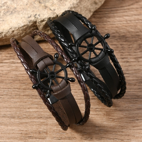 Rudder Leather Bracelet Vintage Hand-Woven Multi-Layer Alloy Nautical Punk Style For Men Women Fashion Jewelry Accessory
