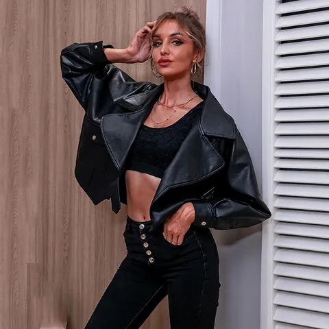 Women PU Faux Leather Biker Jacket Lapel Collar Long Sleeve Belted Short Punk Streetwear Chic Oversized Coat Outwear