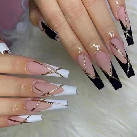 Long Coffin Press On Nails Black White French Design Gold Glitter Line ABS Plastic Fashion Manicure Tool For Women