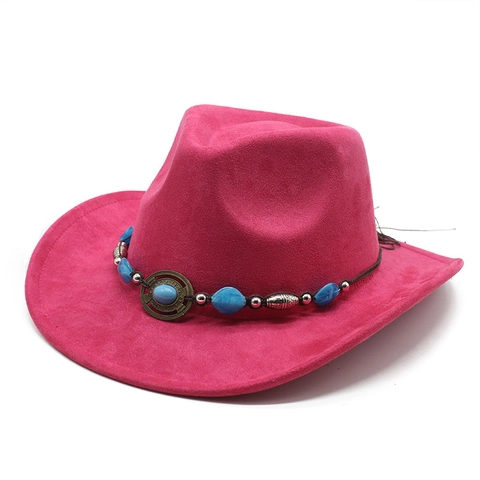 Western Cowboy Hat Suede Polyester Ethnic Turquoise Bead Decoration Wide Brim Retro Bohemian Fedora