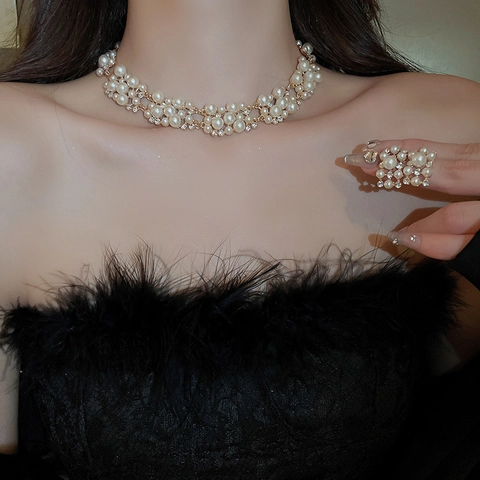 Gioielli Vintage Con Collana E Orecchini A Lobo Lega Imitazione Perla Artificial Strass Multistrato Choker Oro Donna