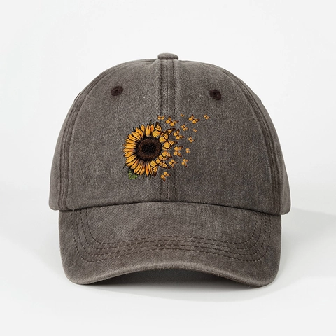 Casquette De Baseball Délavée Rétro Imprimé Tournesol Papillon Chapeau De Soleil Réglable Respirant Style Vintage Pour Hommes Femmes