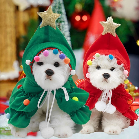 Pet Christmas Tree Cloak Hooded Dog Cat Cape Soft Knitted Fleece Costume For Small Medium Dogs Cats Holiday Party