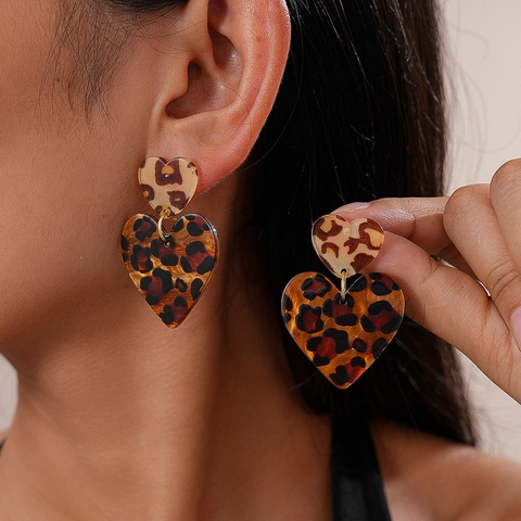 Leopard Print Double Heart Acrylic Earrings With 925 Sterling Silver Earring Post Retro Maillard Style For Women