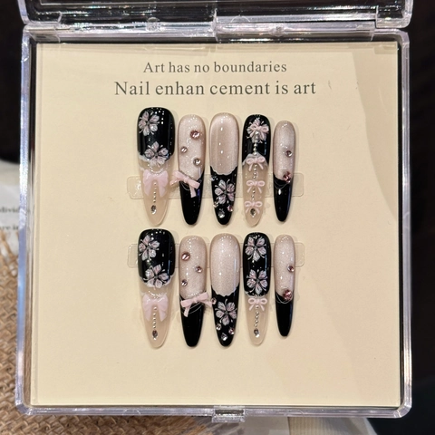 Uñas Postizas Stiletto De Lujo Hechas A Mano Efecto Ojo De Gato Violeta Con Lazo 3D Diamantes De Imitación Perlas Artificiales Para Mujer