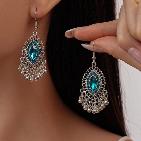 Vintage Bohemian Dangle Earrings Blue Rhinestone Geometric Hollow Out Tassel Ethnic Style With Steel Earring Post