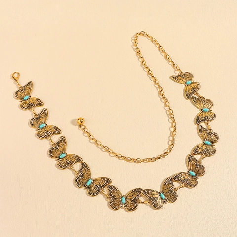 Cintura a Catenella in Metallo Vintage Farfalla Per Donna Bohémien Turchese Strass Intarsiato Gioielli per il Corpo Regolabili