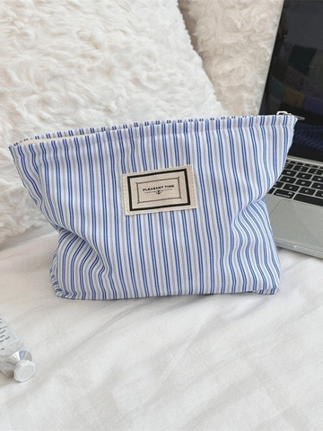 Borsa Per Cosmetici In Tela A Righe Blu Bianco Trousse Da Viaggio Grande Capacità Organizzatore Di Articoli Da Toeletta